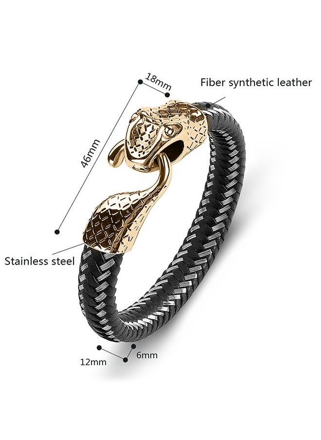 Beyond Snake clasp Leather Bracelet, Genuine Mens Stainless Steels Bracelet (Black+Gold)  - Image 2