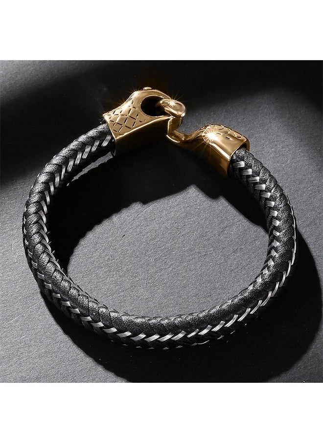 Beyond Snake clasp Leather Bracelet, Genuine Mens Stainless Steels Bracelet (Black+Gold)  - Image 3