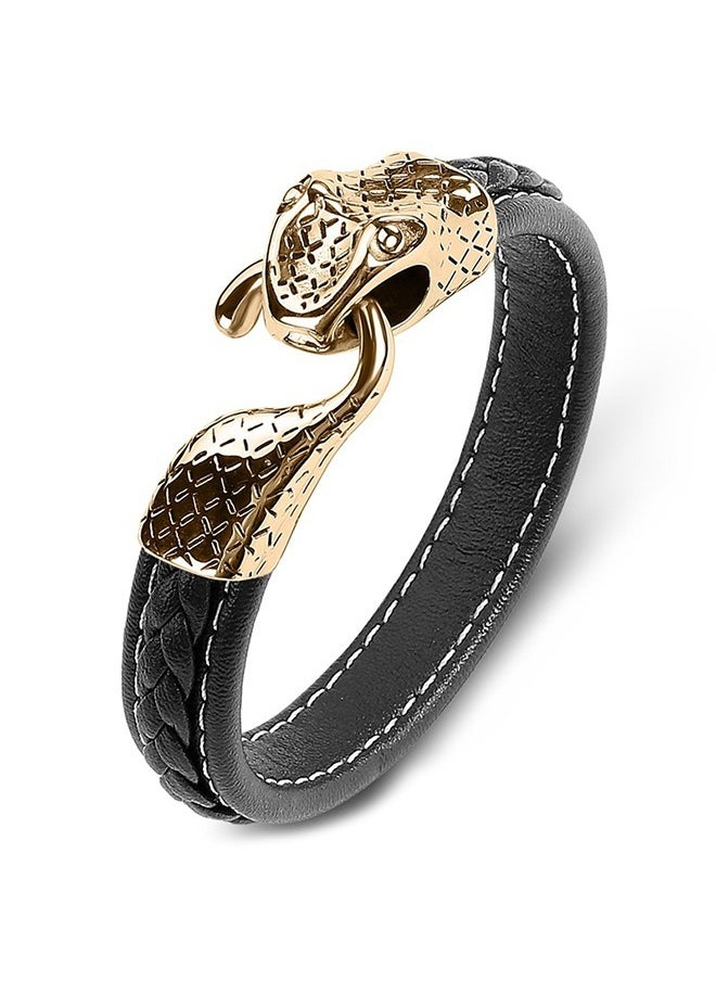 Beyond Snake clasp Leather Bracelet, Genuine Mens Stainless Steels Bracelet (Black+Gold)  - Image 1