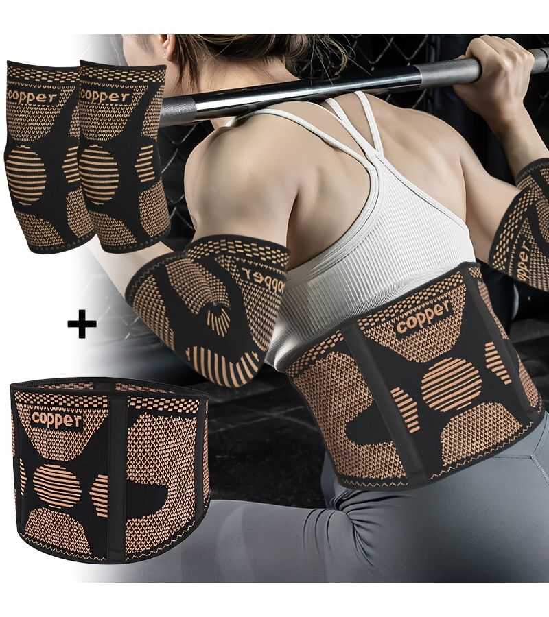 Set Of 3 Pieces Copper Waist And Elbow Support With Adjustable Lumbar Brace For Men Women - Image 2