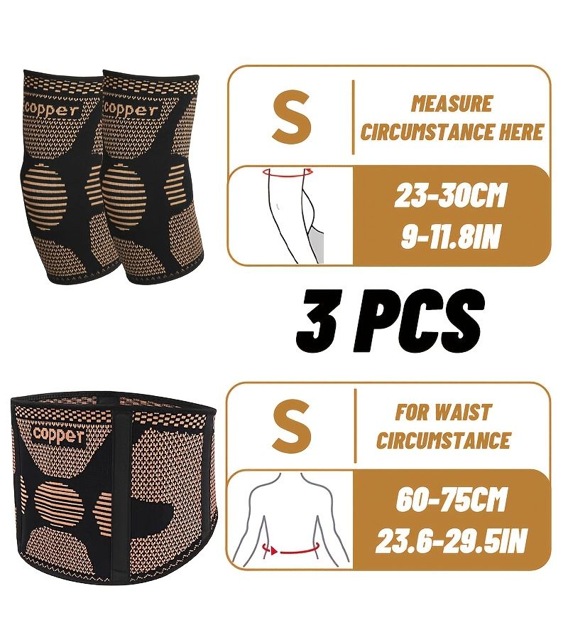 Set Of 3 Pieces Copper Waist And Elbow Support With Adjustable Lumbar Brace For Men Women - Image 3