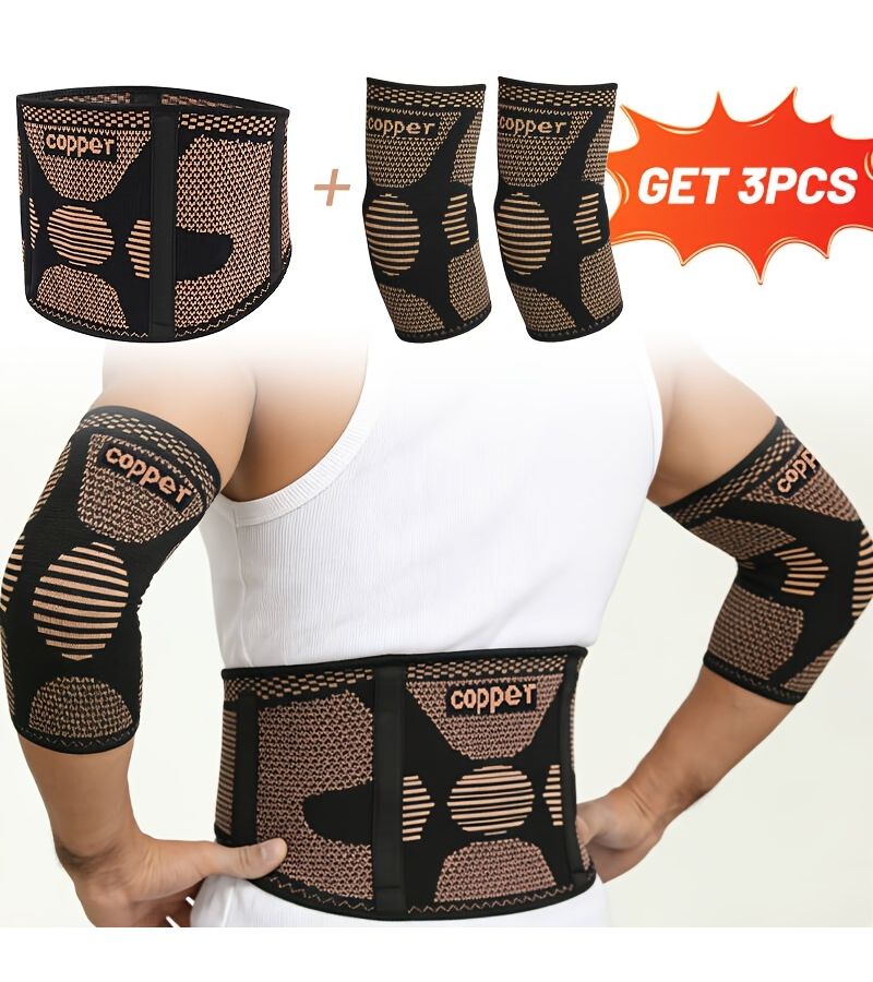 Set Of 3 Pieces Copper Waist And Elbow Support With Adjustable Lumbar Brace For Men Women - Image 1