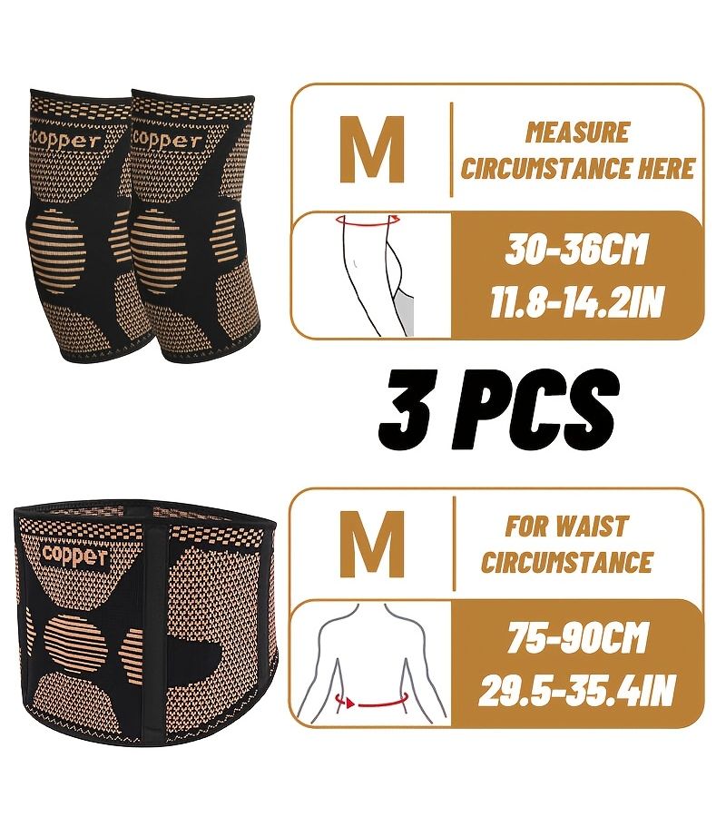 Set Of 3 Pieces Copper Waist And Elbow Support With Adjustable Lumbar Brace For Men Women - Image 5
