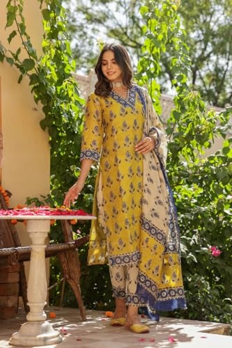 GoSriKi Women's Cotton Blend Straight Printed Kurta with Pant & Dupatta (Uchiha Mustard-GS_S_Mustard_Small) - Image 3