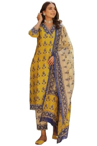 GoSriKi Women's Cotton Blend Straight Printed Kurta with Pant & Dupatta (Uchiha Mustard-GS_S_Mustard_Small) - Image 1