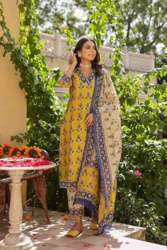 GoSriKi Women's Cotton Blend Straight Printed Kurta with Pant & Dupatta (Uchiha Mustard-GS_S_Mustard_Small) - Image 5