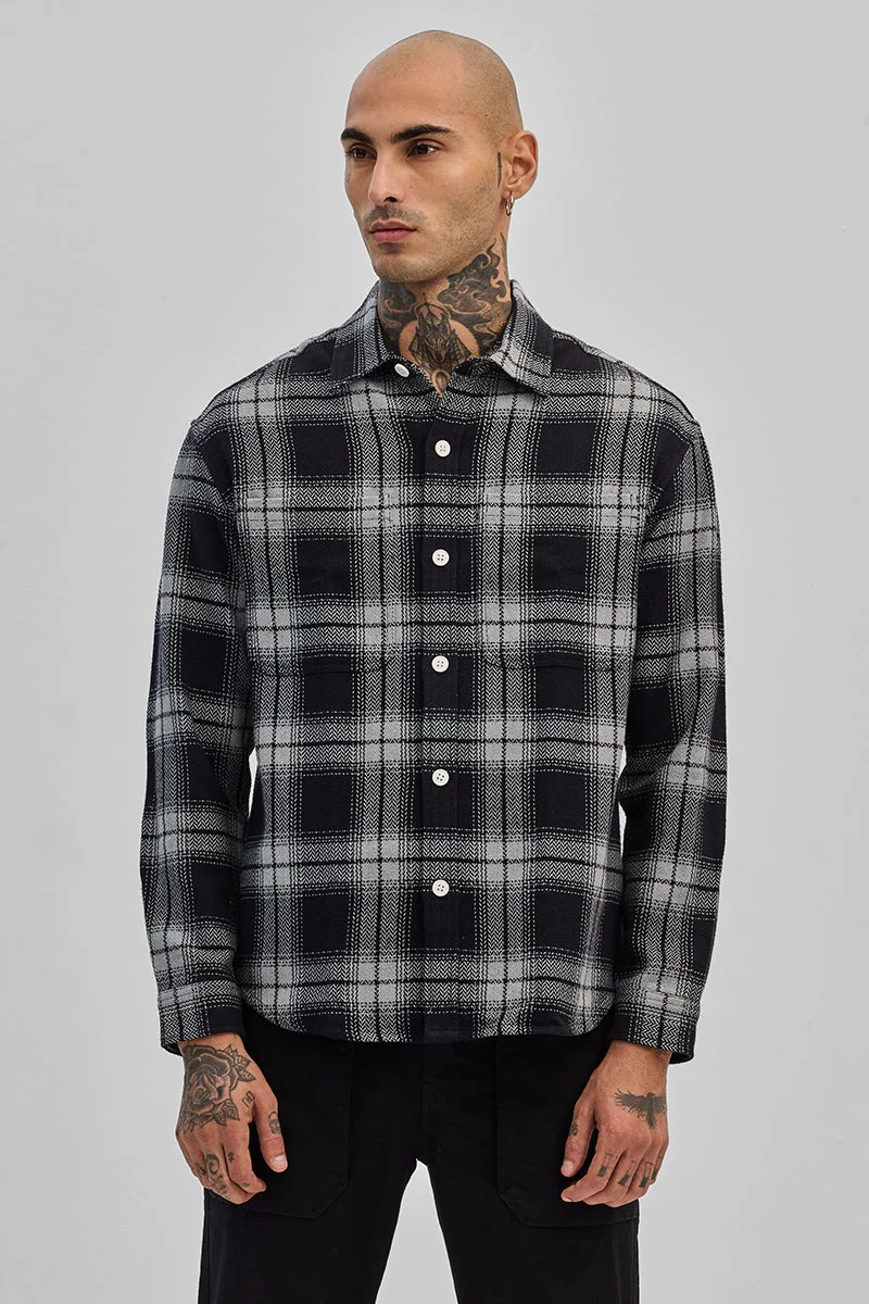 SNITCH Black Black Flannel Checks Overshirt for Men | Best Price UAE