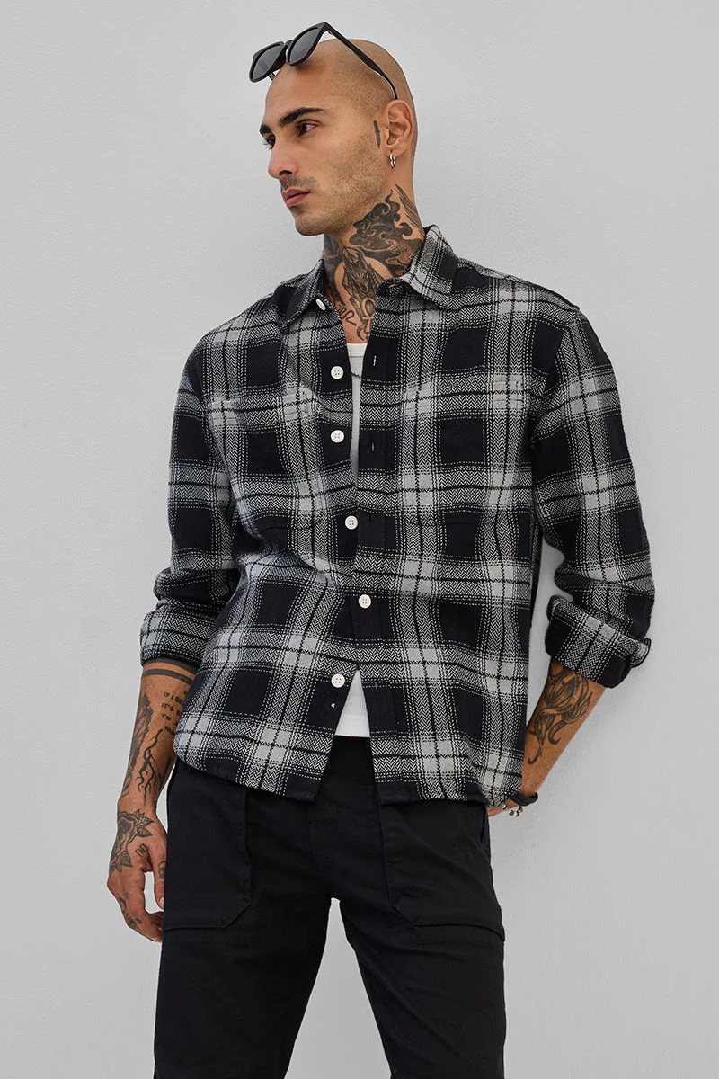 SNITCH Black Black Flannel Checks Overshirt for Men | Best Price UAE