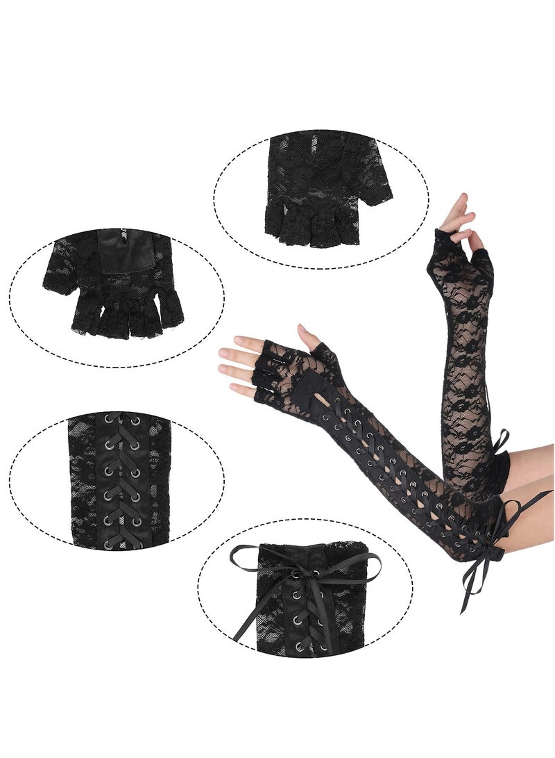SYOSI Women Lace Up Fingerless Gloves, Women's Long Satin Finger Gloves, Long Elbow Lace Up Steampunk Gloves, Costume Satin Arm Warmer, for Women and Girls for Dress Up Party  - Image 5
