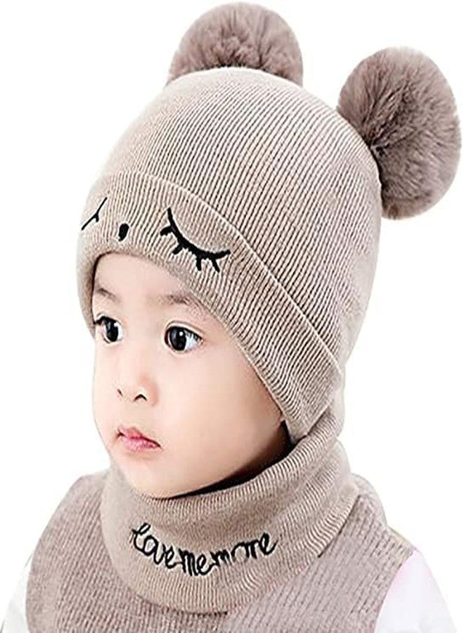 TRUE INDIAN Baby Boys Girls Knit Woolen Hat Cap Neck Scarf Soft Wool Warm Acrylic Lycra Monkey Beanie Winter Capset for Unisex Kids Neckset Cap (6-9 Months, Brown) - Image 1