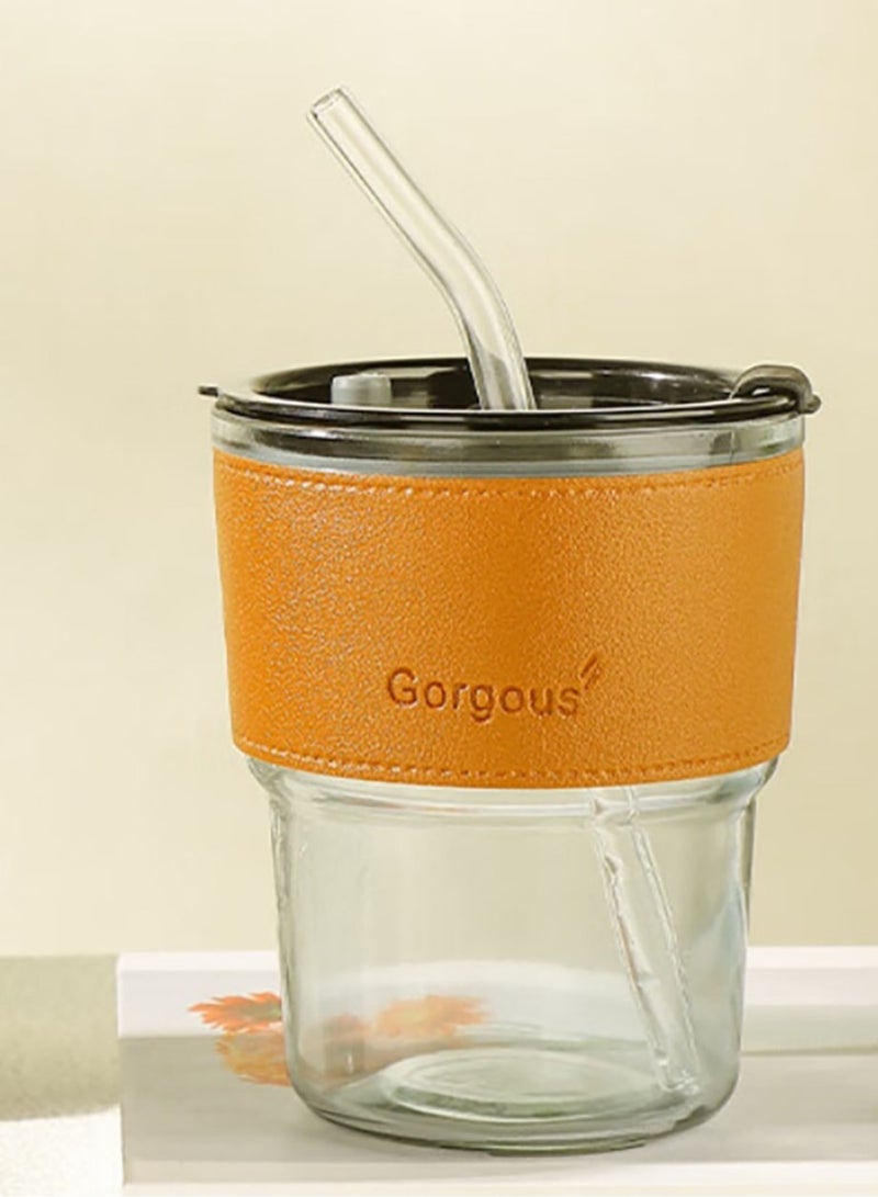 Jingke Glass Cup Handheld Coffee Cup Portable Straw Cup 400ML - Image 1