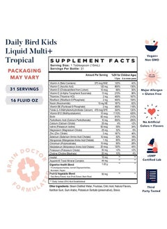 Daily Bird Liquid Multivitamins for Kids, Methylfolate, Methylated Vitamins, Natural Whole Food Blend Vitamin, Vegan, Gluten Free, Non GMO, Includes Bonus Immune Boosting Tips, Tropical, 16 oz