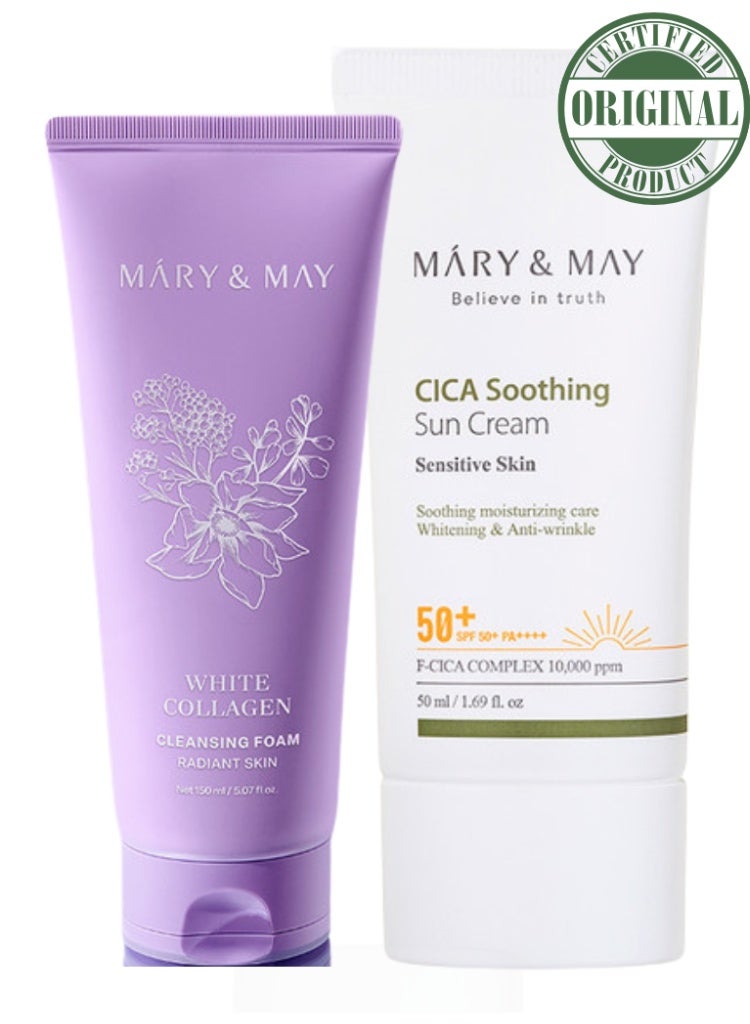 MARY & MAY Dullness & Weak Barrier Solution – Mary&May White Collagen Cleansing Foam + Vegan CICA Soothing Sun Cream SPF50+ Set - Image 1
