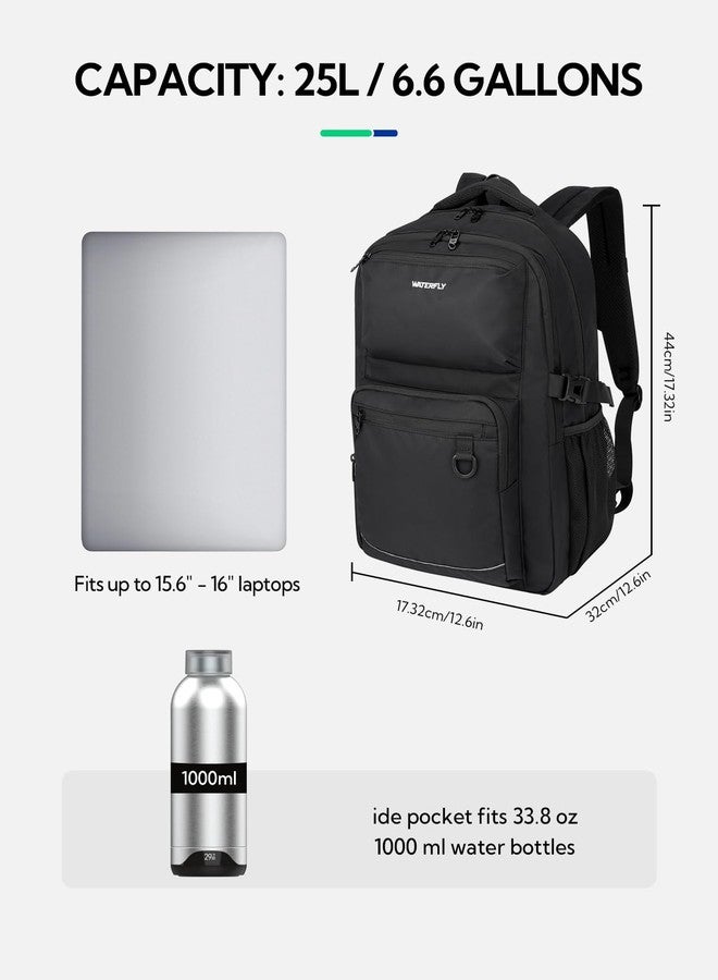 WATERFLY Travel Laptop School Backpack: College Bookbag for Women Men - Work Casual Daypack with 15.6" Computer Compartment, Black, Medium, Travel Backpacks - Image 4