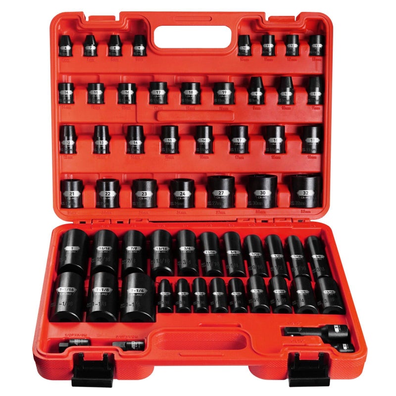 BLACKROBOT 59PCS 38 and 12 Drive Impact Socket Set MetricSAE DeepShallow CrMo 6Point 516 to 114 6mm 32mm Includes Socket Adapter and Extension Bar
