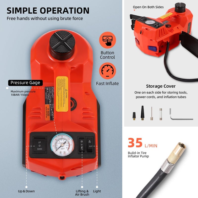Electric Car Jack with Powerful Motor, Electric Jack Suits for Car and SUVs, Electric Hydraulic Jack has a Load Capacity of 7700 lbs (Red) - Image 3