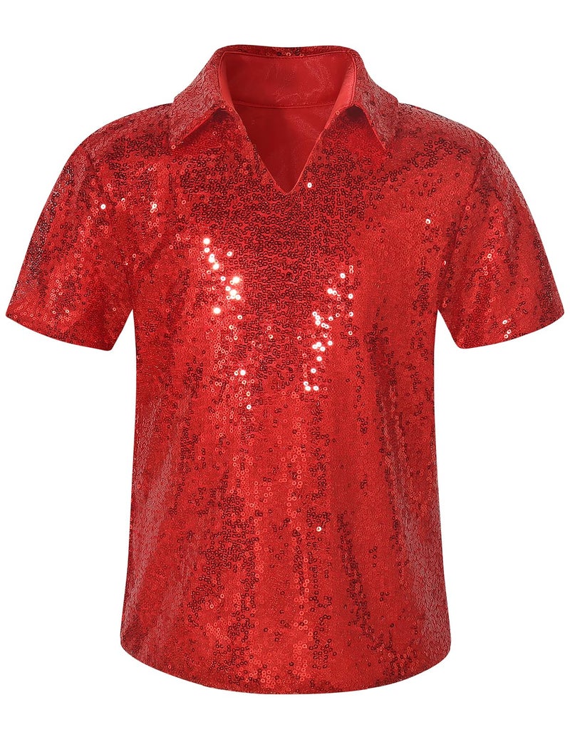 Spring&Gege Boy's Short Sleeve Turndown Sparkle Sequins Polo Shirt 70s Disco T-Shirt, Red, Size 11-12 Years - Image 1