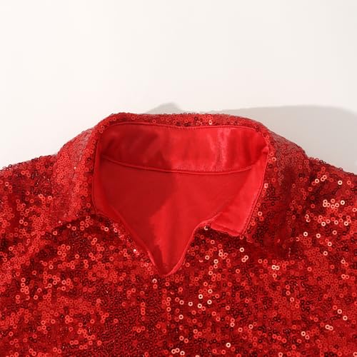 Spring&Gege Boy's Short Sleeve Turndown Sparkle Sequins Polo Shirt 70s Disco T-Shirt, Red, Size 11-12 Years - Image 4