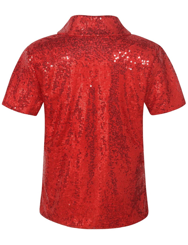 Spring&Gege Boy's Short Sleeve Turndown Sparkle Sequins Polo Shirt 70s Disco T-Shirt, Red, Size 11-12 Years - Image 2
