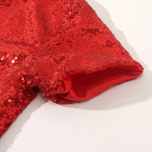 Spring&Gege Boy's Short Sleeve Turndown Sparkle Sequins Polo Shirt 70s Disco T-Shirt, Red, Size 11-12 Years - Image 5