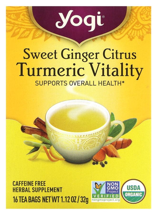 Yogi Tea - Sweet Ginger Citrus Turmeric Vitality Caffeine Free 16 Tea Bags 1.12 oz (32 g) - Image 1