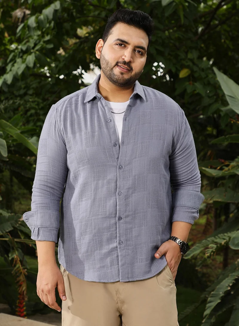 Instafab Plus Instafab Plus Men's Coin Grey Self-Jacquard Check Shirt | Spread Collar , Long Cuffed Sleeves , Button Closure , Curved Hemline | Checks Jacquard Cotton Material For Formal & Office Wear
