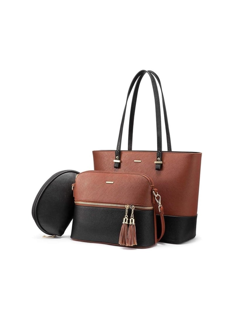 Dubkart 3-Piece Women's Tote Handbag Set – Stylish Shoulder, Satchel & Clutch (Brown & Black) - Image 1