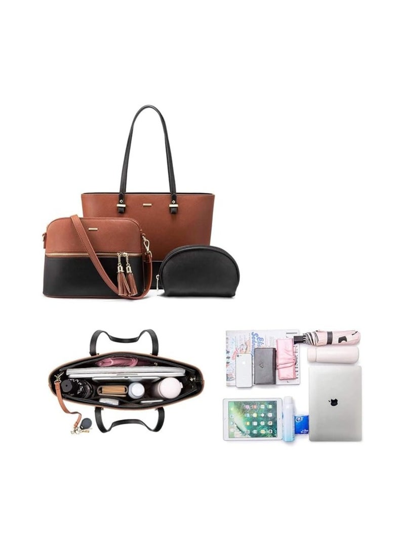 Dubkart 3-Piece Women's Tote Handbag Set – Stylish Shoulder, Satchel & Clutch (Brown & Black) - Image 3