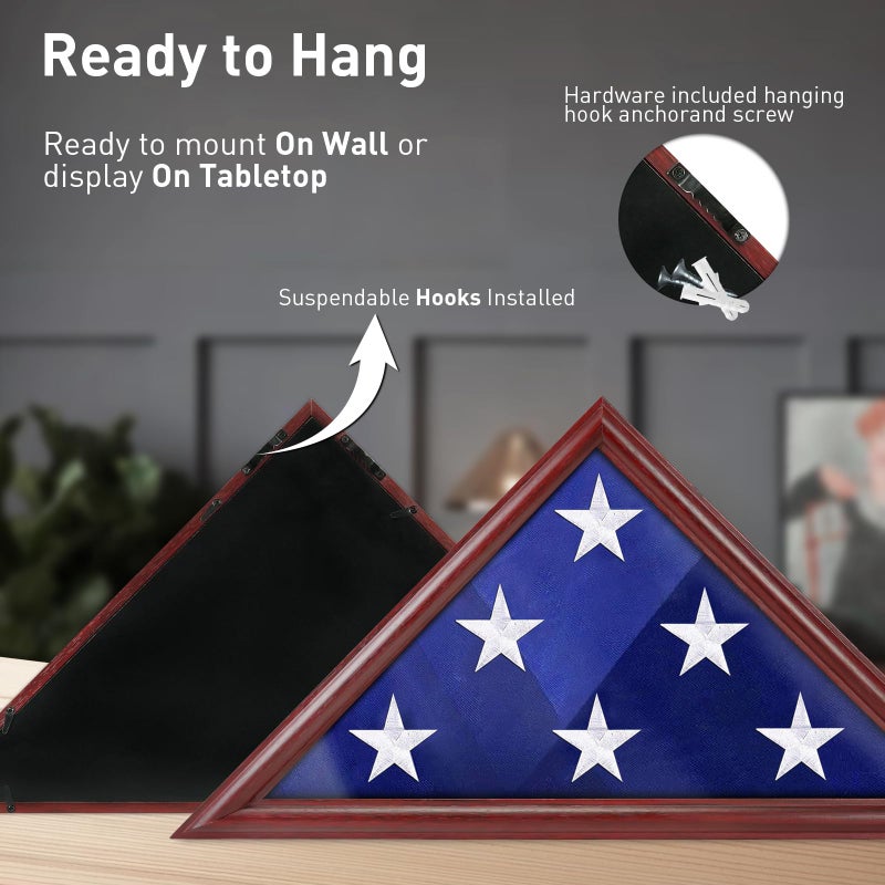 ASmileIndeep Flag Display Case - 5' x 9.5' Funeral & Military Flag Shadow Box with HD Tempered Glass and Wall Mount, Folded Triangle Flag Holder Frame for Veterans, Red - Image 5
