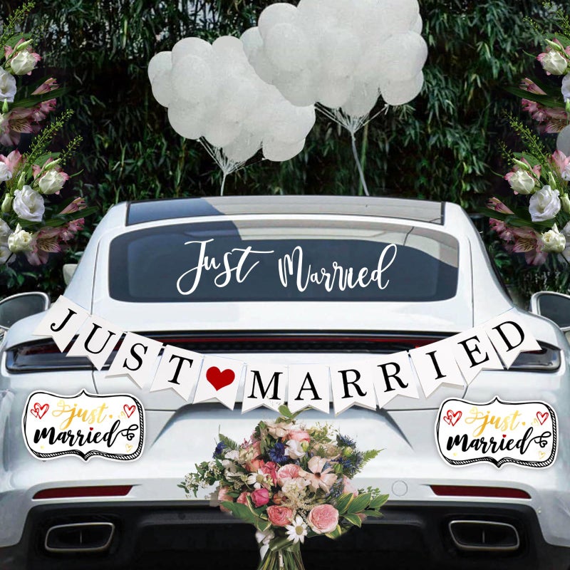 4 Pcs Just Married Wedding Car Decorations Include Just Married Ornate Car Magnets 12x7 Just Married Car Wedding Day Car Window Decals 224x5 Just Married Sign Banner Car for Honeymoon Wedding
