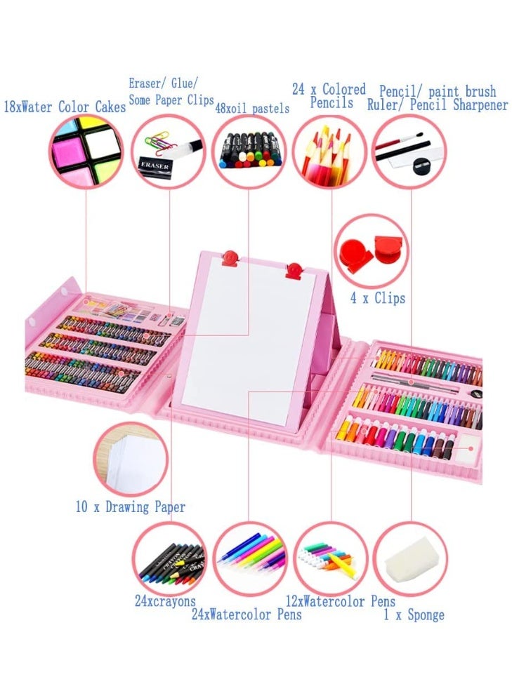 208 PCS Art Supplies Drawing Kit for Kids & Adults with Double-Sided Trifold Easel, Oil Pastels, Crayons - Pink - Image 4
