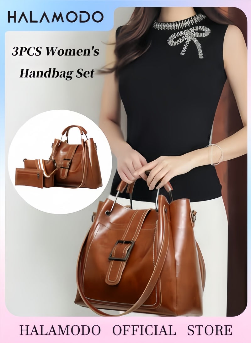 هالامودو مجموعة حقائب يد نسائية مكونة من 3 قطع، حقيبة كتف، حقيبة ساعي البريد، حقيبة دلو، حقيبة كروس بودي، محفظة، حقيبة جلدية ناعمة من البولي يوريثين، حقيبة ذات طراز بسيط للتنقل والسفر - Image 1