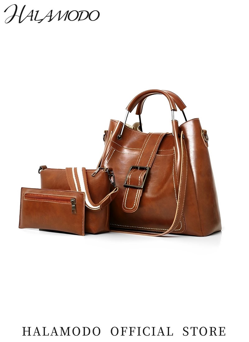 HALAMODO - 3PCS Women's Handbag Set Shoulder Bag Messenger Bag Bucket Bag Cross-body Bag Tote Wallet Soft PU Leather Bag Simple Style Bag for Commute &Travel - Image 1