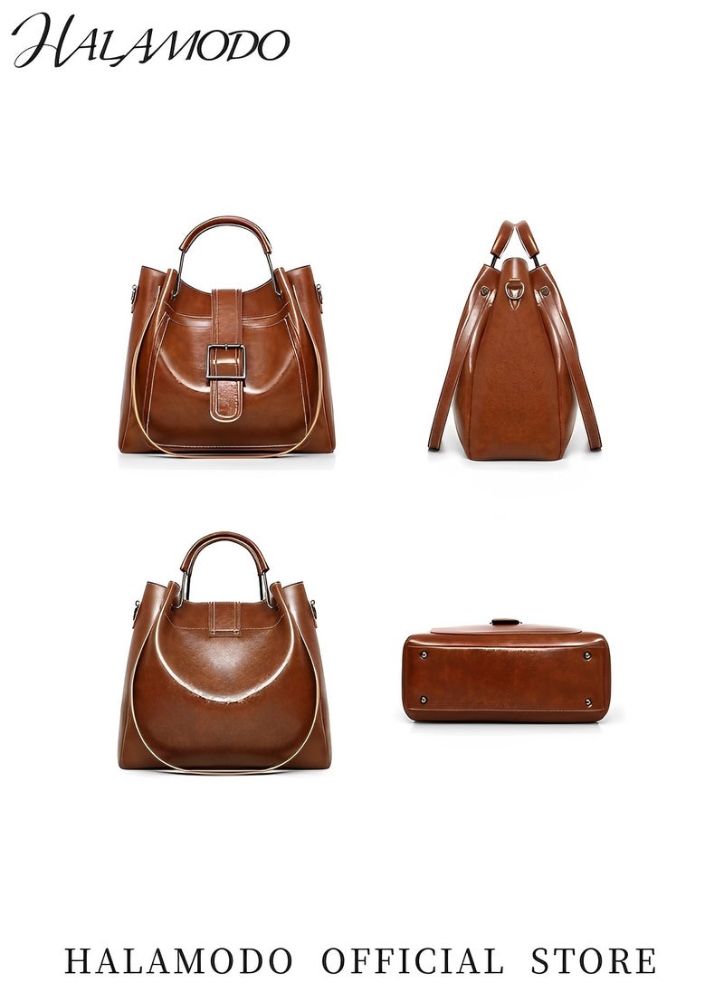 HALAMODO - 3PCS Women's Handbag Set Shoulder Bag Messenger Bag Bucket Bag Cross-body Bag Tote Wallet Soft PU Leather Bag Simple Style Bag for Commute &Travel - Image 1