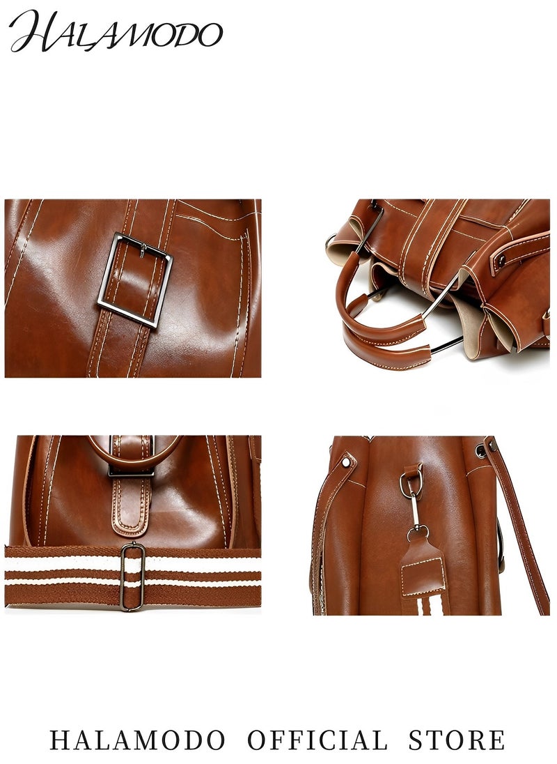 HALAMODO - 3PCS Women's Handbag Set Shoulder Bag Messenger Bag Bucket Bag Cross-body Bag Tote Wallet Soft PU Leather Bag Simple Style Bag for Commute &Travel - Image 1