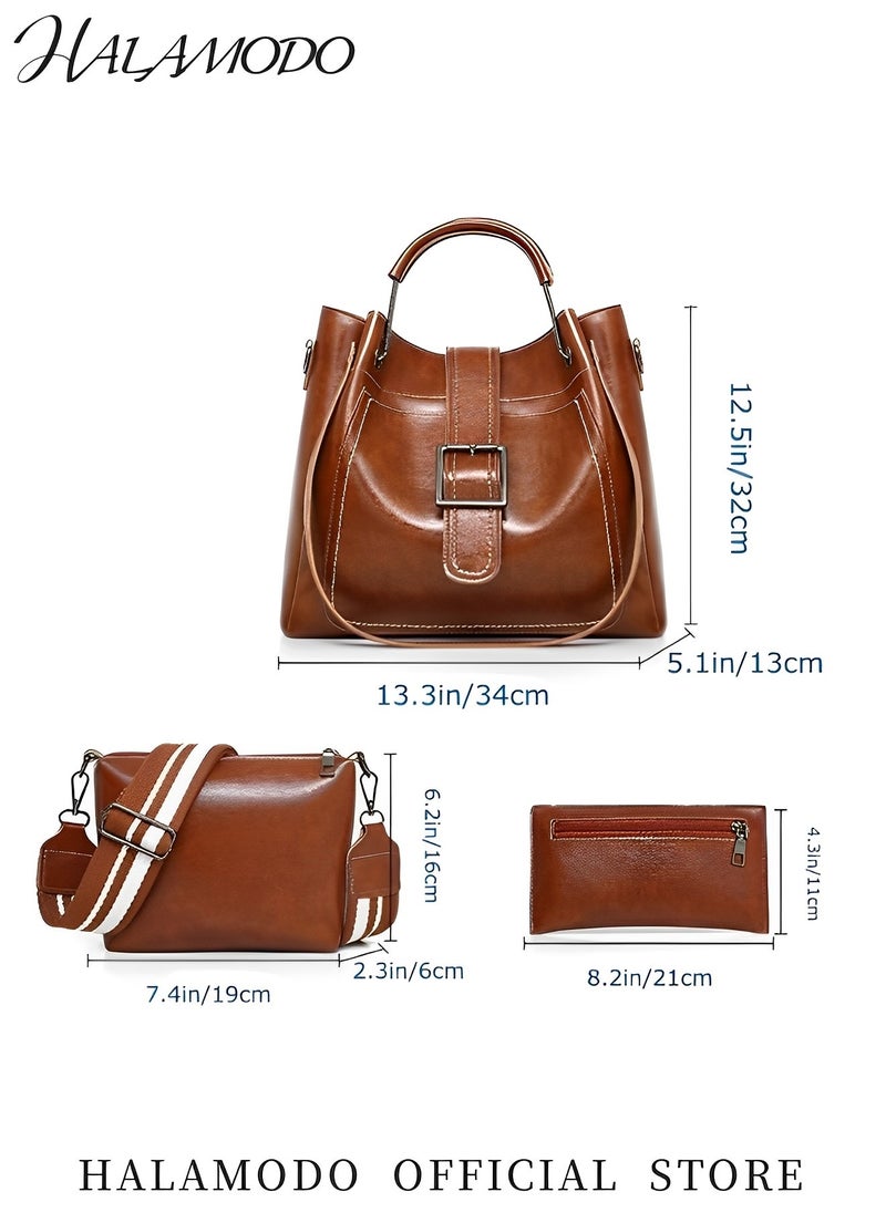 HALAMODO - 3PCS Women's Handbag Set Shoulder Bag Messenger Bag Bucket Bag Cross-body Bag Tote Wallet Soft PU Leather Bag Simple Style Bag for Commute &Travel - Image 1