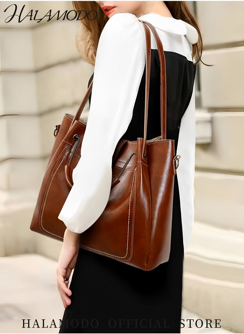 HALAMODO - 3PCS Women's Handbag Set Shoulder Bag Messenger Bag Bucket Bag Cross-body Bag Tote Wallet Soft PU Leather Bag Simple Style Bag for Commute &Travel - Image 1
