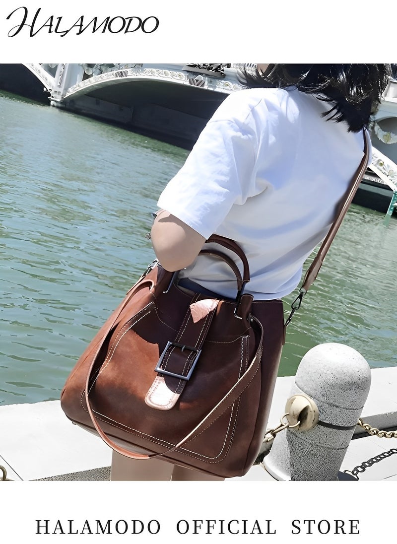 HALAMODO - 3PCS Women's Handbag Set Shoulder Bag Messenger Bag Bucket Bag Cross-body Bag Tote Wallet Soft PU Leather Bag Simple Style Bag for Commute &Travel - Image 1