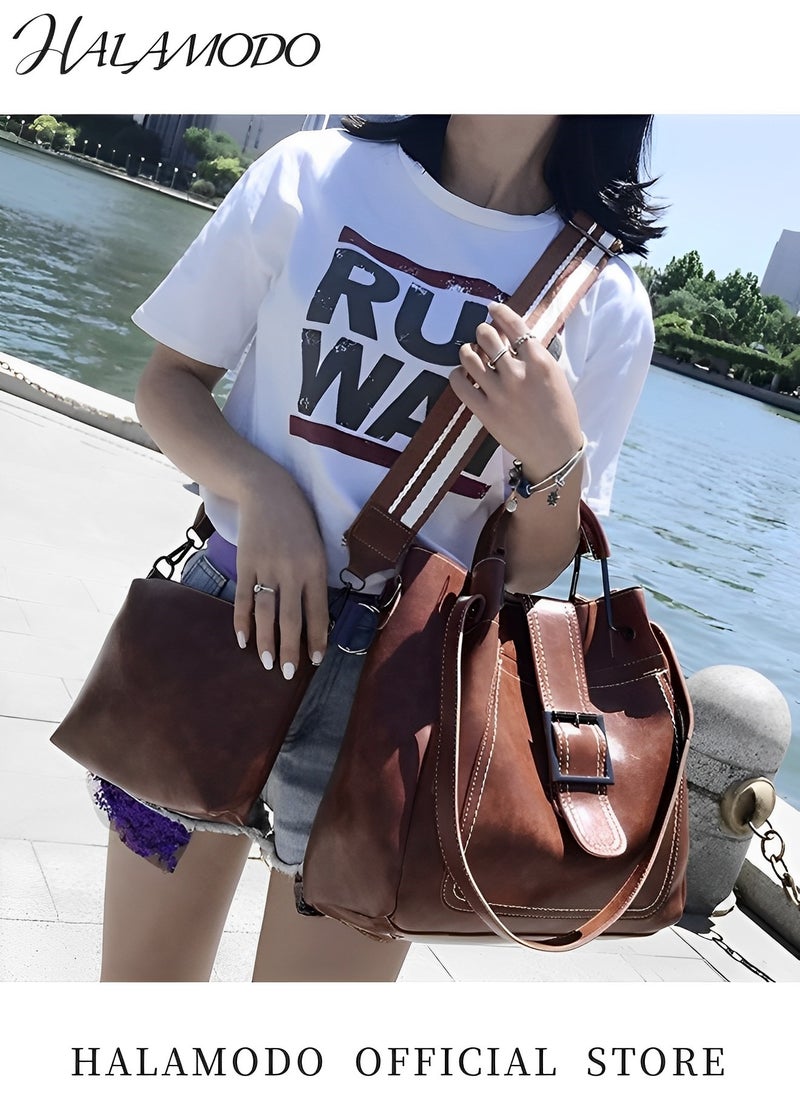HALAMODO - 3PCS Women's Handbag Set Shoulder Bag Messenger Bag Bucket Bag Cross-body Bag Tote Wallet Soft PU Leather Bag Simple Style Bag for Commute &Travel - Image 1