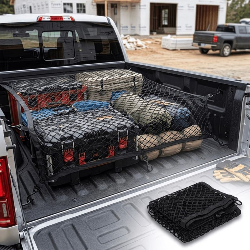 Extra Large High Elasticity Cargo Net Kit With 4 Hooks 6 Position Cargo Net For Pickup Truck Bed Luggage Storage 47.24 Inch X 47.24 Inch Extends To 94.49 Inch X 94.49 Inch - Image 2