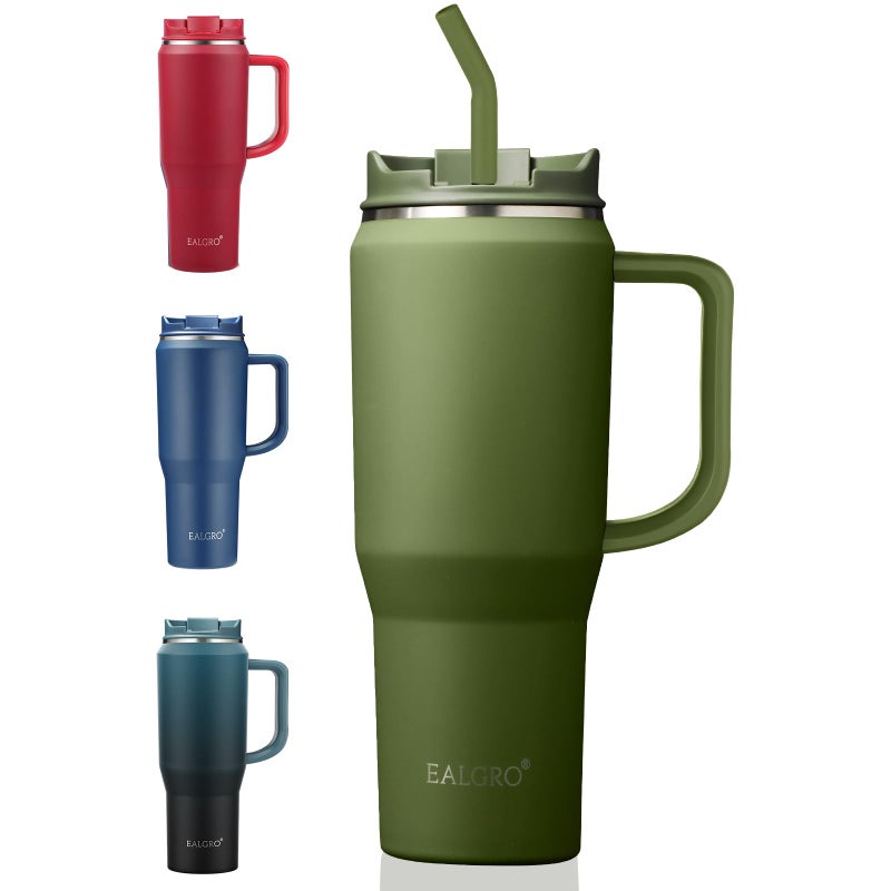EALGRO 40 oz Tumbler with Handle Insulated Tumblers with Lid and Straw Large Metal Sports Water Bottle Jug Thermal Stainless Steel Travel Coffee Mug Cup Army Green