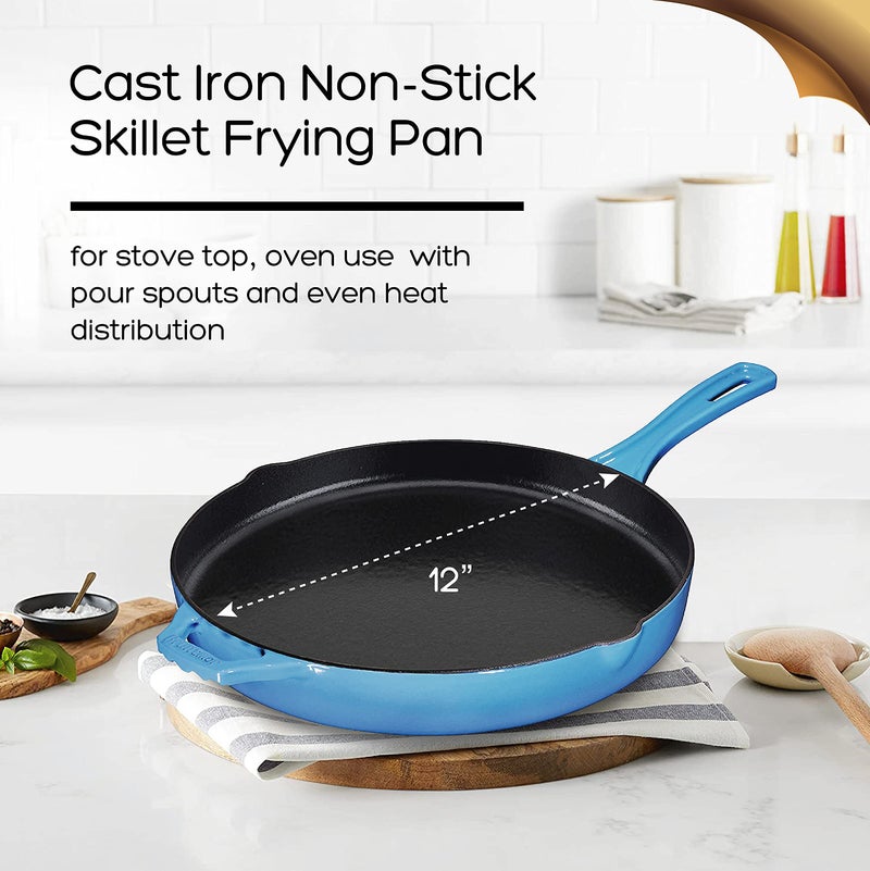 Bruntmor 12'' Blue Pre-seasoned Cast Iron Frying Pan, 12 Inch Oven Safe Skillet, Grill Pan Set, Nonstick Cookware And Bakeware For Casserole Dish - Image 4