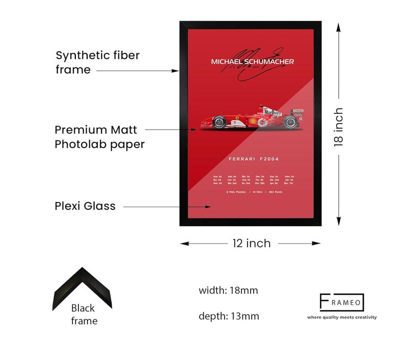 FRAMEO STORE Michael Schumacher Ferrari F2004 glass framed poster Ferrari F2004 wall art poster A3 size 12 X 18 Inches - Image 4