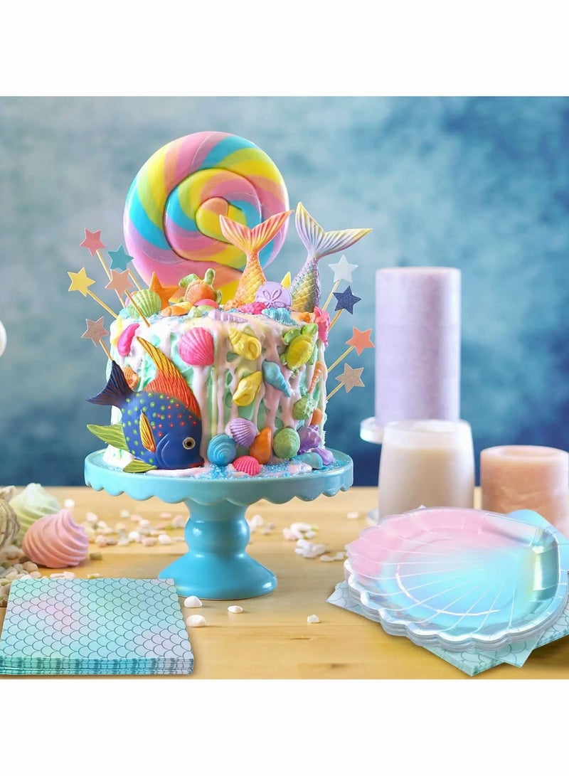 73Hours Mermaid Party Supplies Set, Decorations Disposable Paper Plates and Napkins Seashell for Birthday Wedding 24 Clam Shell 20 Scales 44 PCS - Image 4