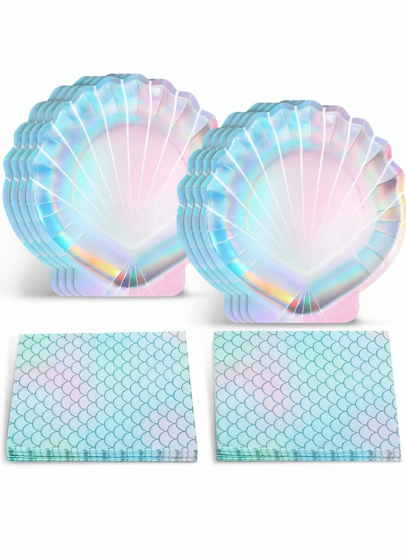 73Hours Mermaid Party Supplies Set, Decorations Disposable Paper Plates and Napkins Seashell for Birthday Wedding 24 Clam Shell 20 Scales 44 PCS - Image 1