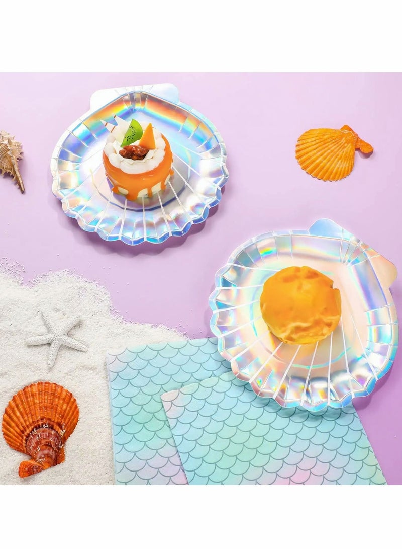 73Hours Mermaid Party Supplies Set, Decorations Disposable Paper Plates and Napkins Seashell for Birthday Wedding 24 Clam Shell 20 Scales 44 PCS - Image 3