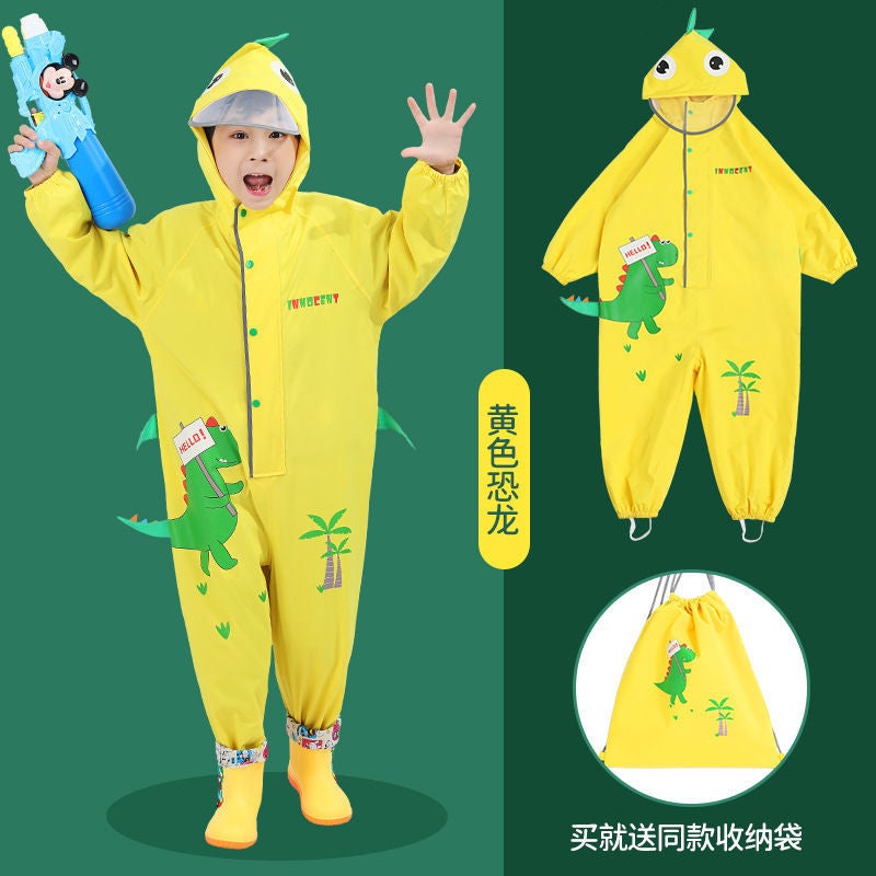 Childrens one-piece raincoat boys and girls kindergarten baby rainproof poncho student rain gear raincoat rain pants suit 337 yellow dinosaur