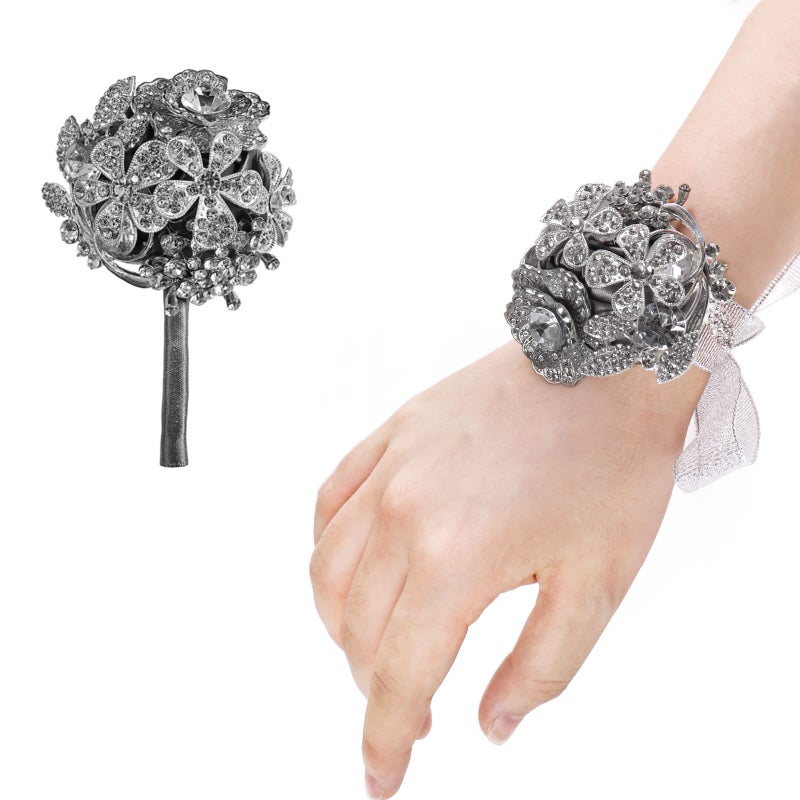 Prettybuy Rhinestone Wedding Prom Boutonniere and Corsage Set Sparkling Set for Groom Best Men and Bride BridesmaidGrey