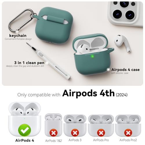 MCTOPZO for AirPods 4 Case 2024 Come with Cleaner Kit,Soft Silicone Protective Cover for Apple AirPods 4th Generation Cases with Keychain,Compatible with AirPod 4 Case for Women Men-Pine Green - Image 2