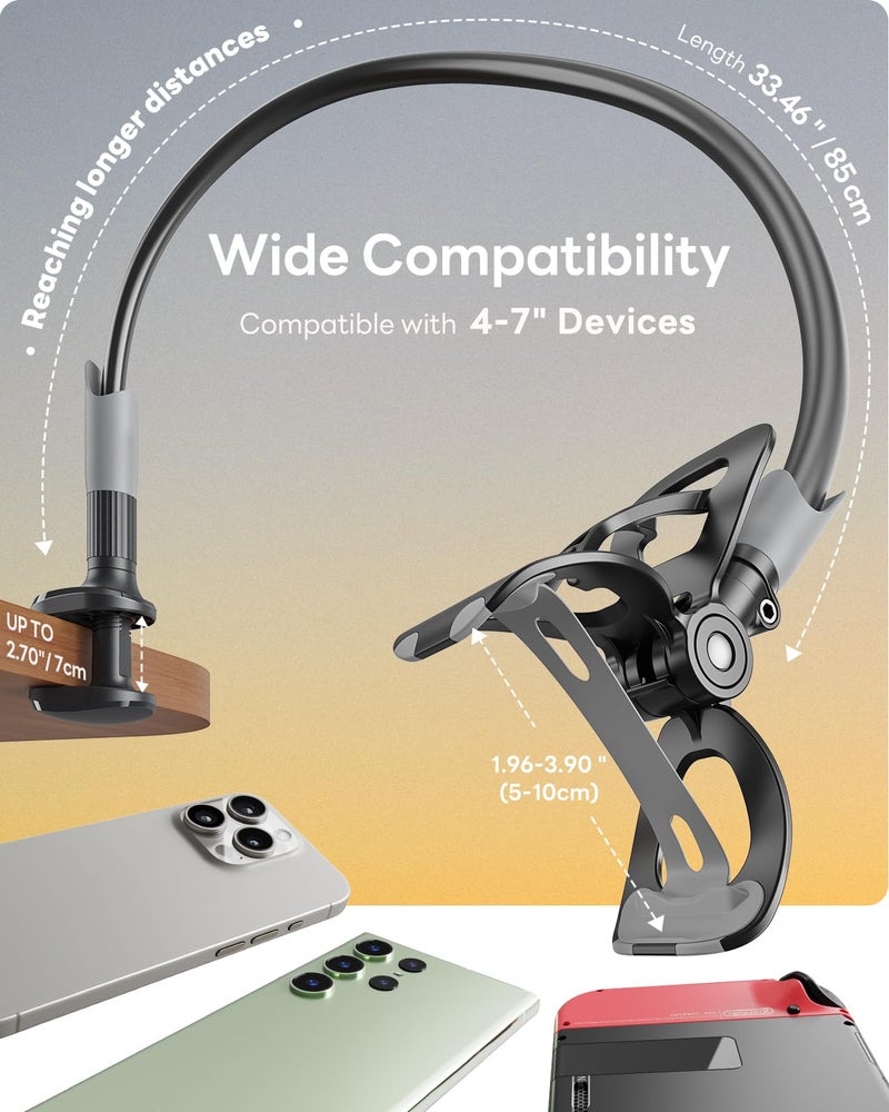 SAIJI Gooseneck Bed Phone Holder, Flexible Long Arm Phone Mount for Desk, Clip Bracket Clamp Stand, iPhone Stand, Mobile Cell Phone Stand Document Camera Nintendo Switch (Black) - Image 2